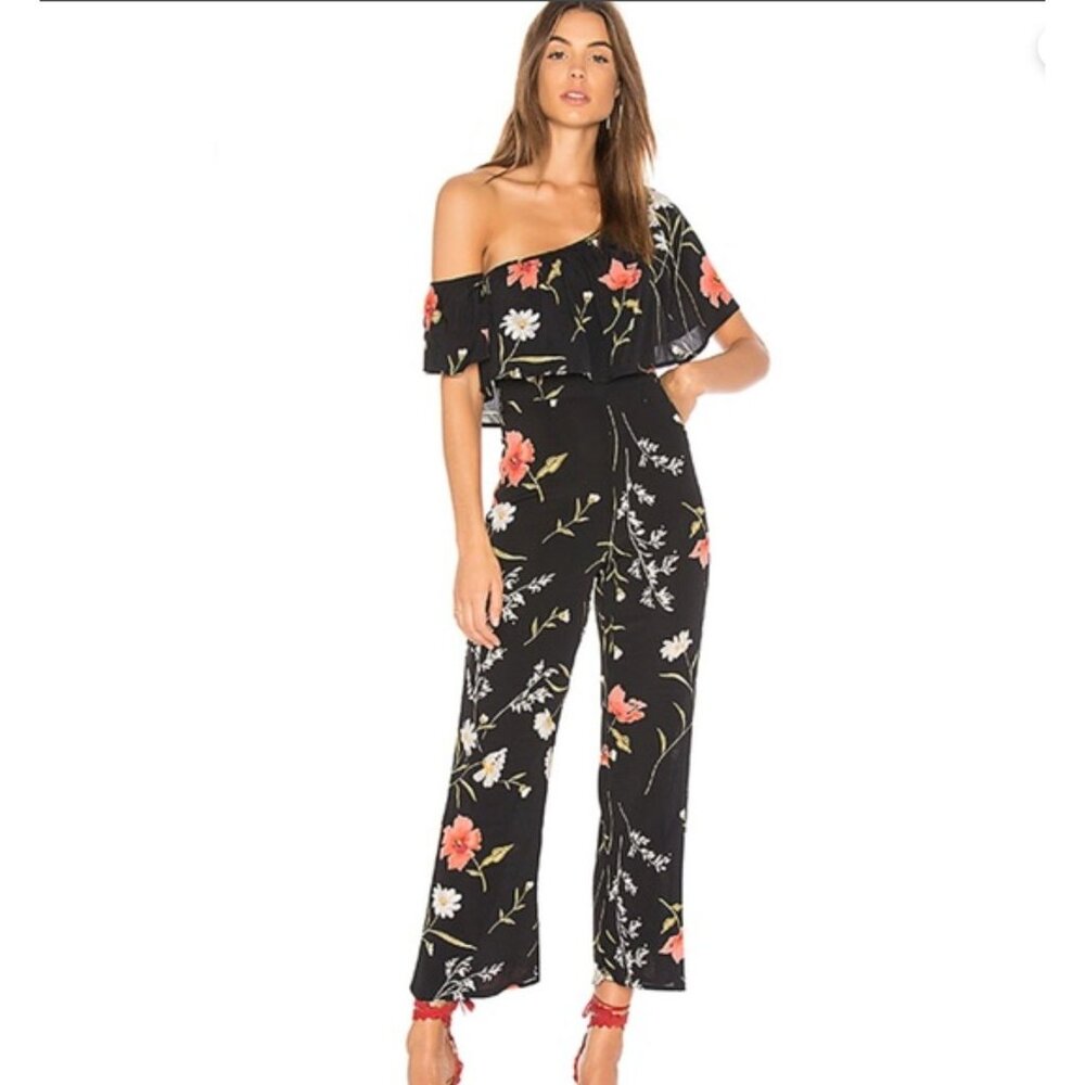 Flynn Skye Claire Black Floral Print Ruffle Jumpsuit Women's X-Small XS